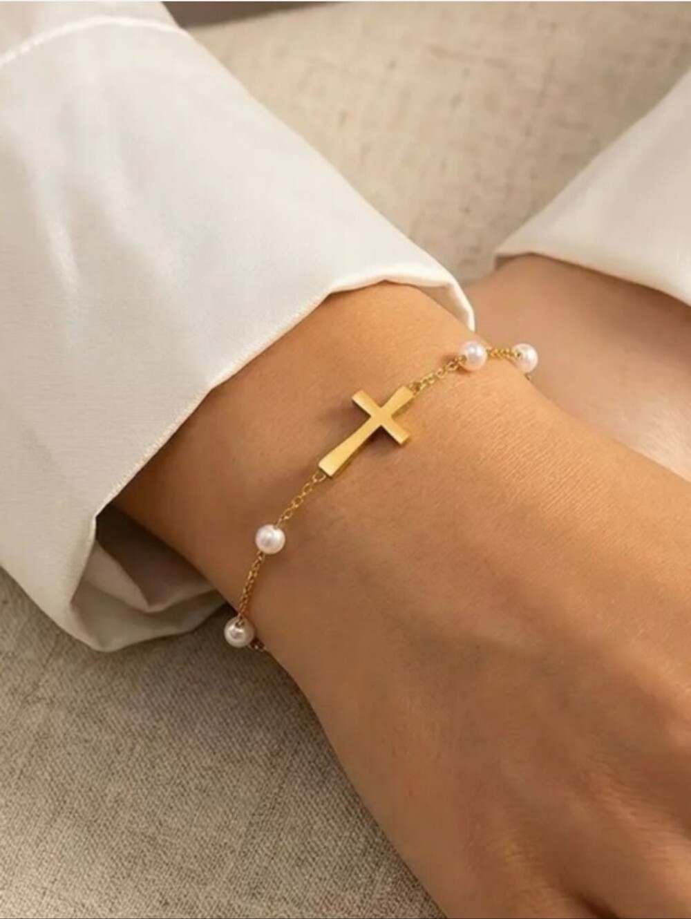 New! Stainelsss Steel Gold Cross and Pearl Chain Bracelet - Women's Jewelry